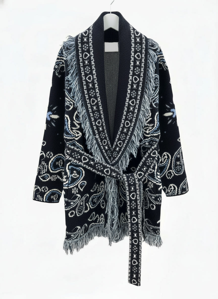 Cardigan i ull- og cashmeremix paisleymønster navy