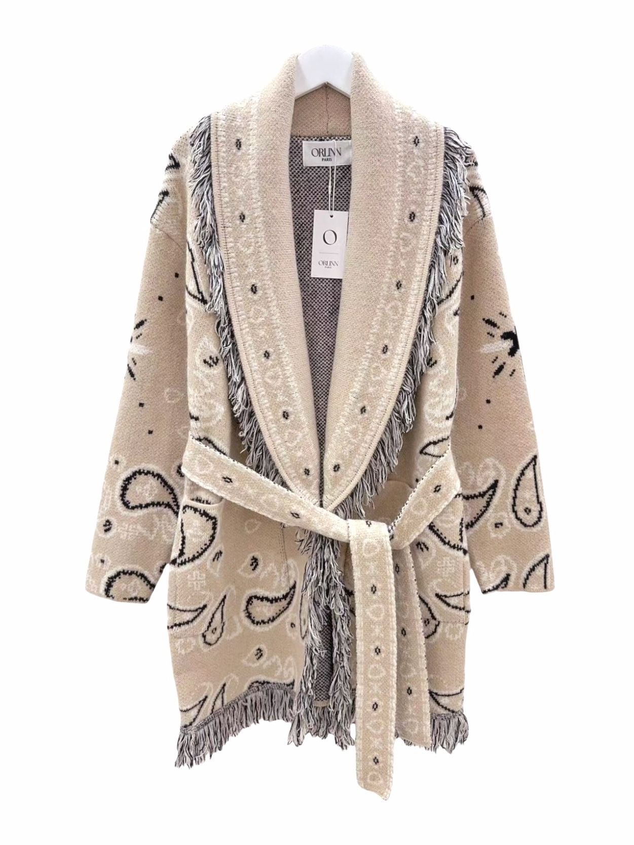 Cardigan i Ull- og cashmeremix paisleymønster beige