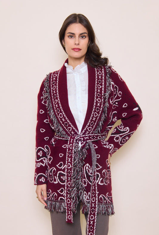 Cardigan i ull- og cashmeremix burgunder