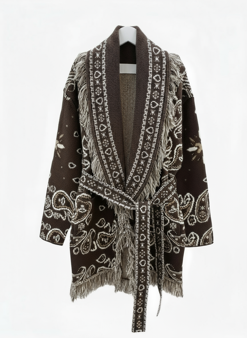 Cardigan i ull- og cashmeremix med paisleymønster