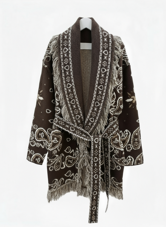 Cardigan i ull- og cashmeremix med paisleymønster