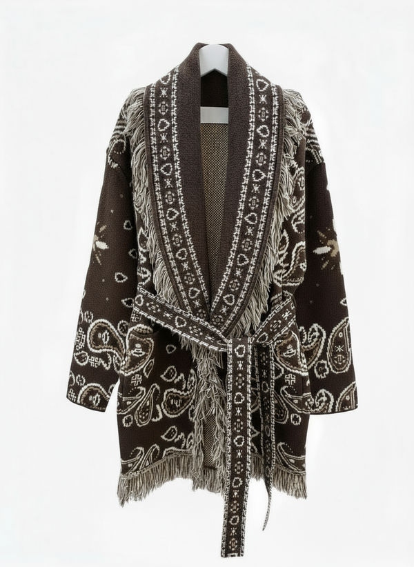 Cardigan i ull- og cashmeremix med paisleymønster