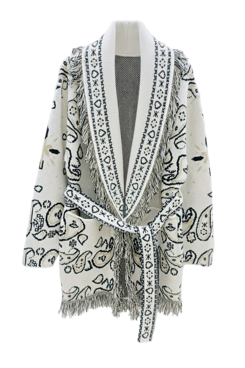 Cardigan i ull- og cashmeremix med paisleymønster