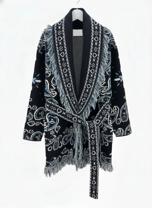 Cardigan i ull- og cashmeremix paisleymønster navy